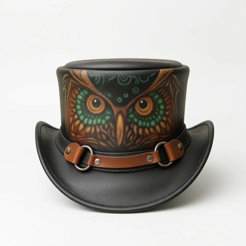 Black leather top hat handmade - black,