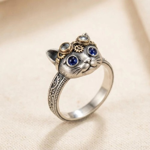 Steampunk cat ring blue - steampunk,
